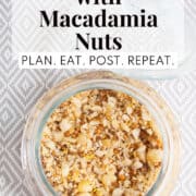 The dukkah is stored in a glass jar with whole and crushed seeds and macadamia nuts visible. A white text box at the top of the image contains the words, "dukkah recipe with macadamia nuts" and "plan. eat. post. repeat."