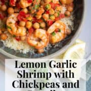 Lemon garlic shrimp are served over a bed of couscous in a green bowl. A white text box at the bottom of the image contains the words, "lemon garlic shrimp with chickpeas and paprika" and "plan. eat. post. repeat."