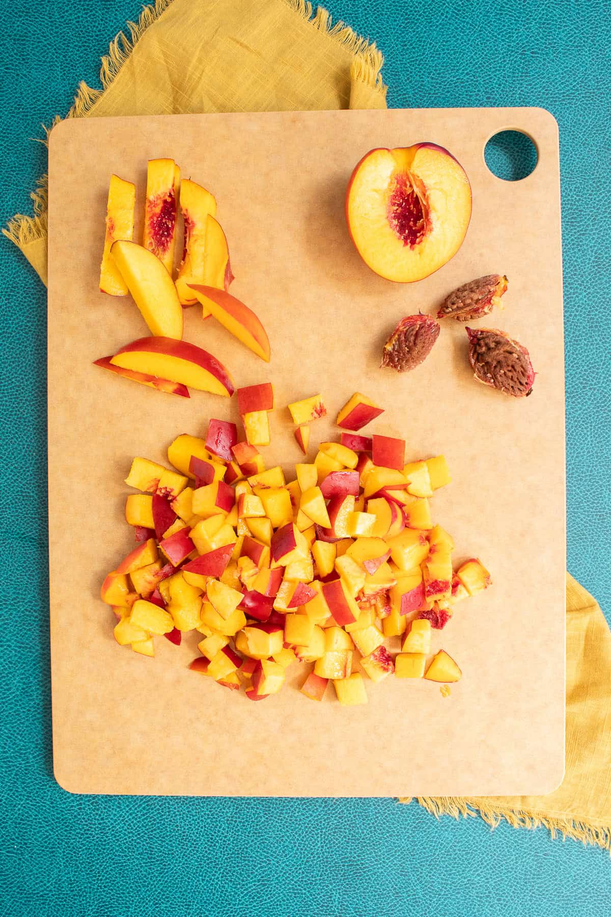 Nectarines are diced into ½-inch pieces.