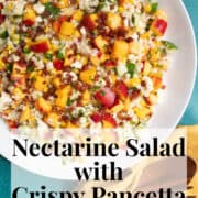 The salad is piled into a white bowl and topped with extra pancetta and nectarine pieces. A white text box at the bottom of the image contains the words, "nectarine salad with crispy pancetta" and "plan. eat. post. repeat."