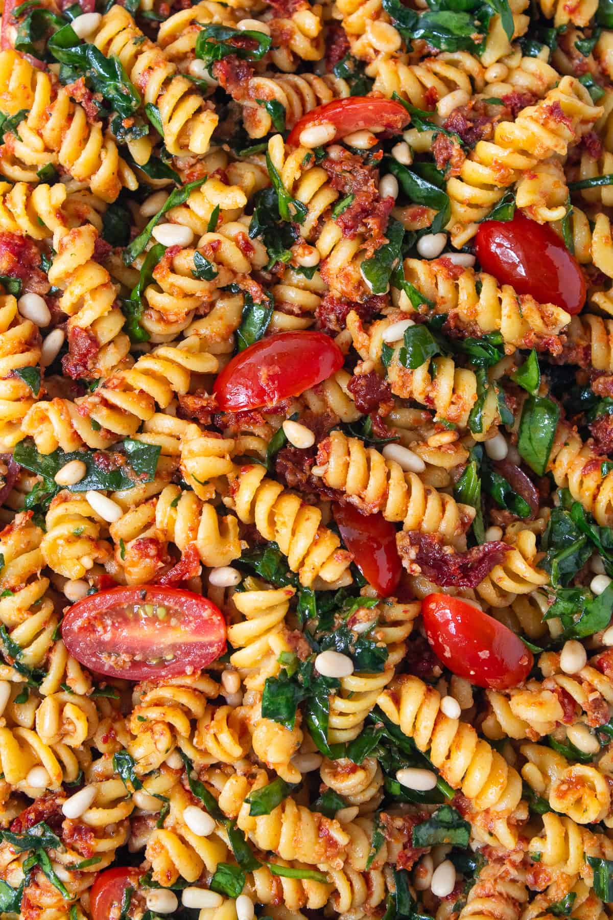 Fusilli pasta is coated with a red pesto and tossed with tomatoes, spinach, Parmesan, sun dried tomatoes, and pine nuts.