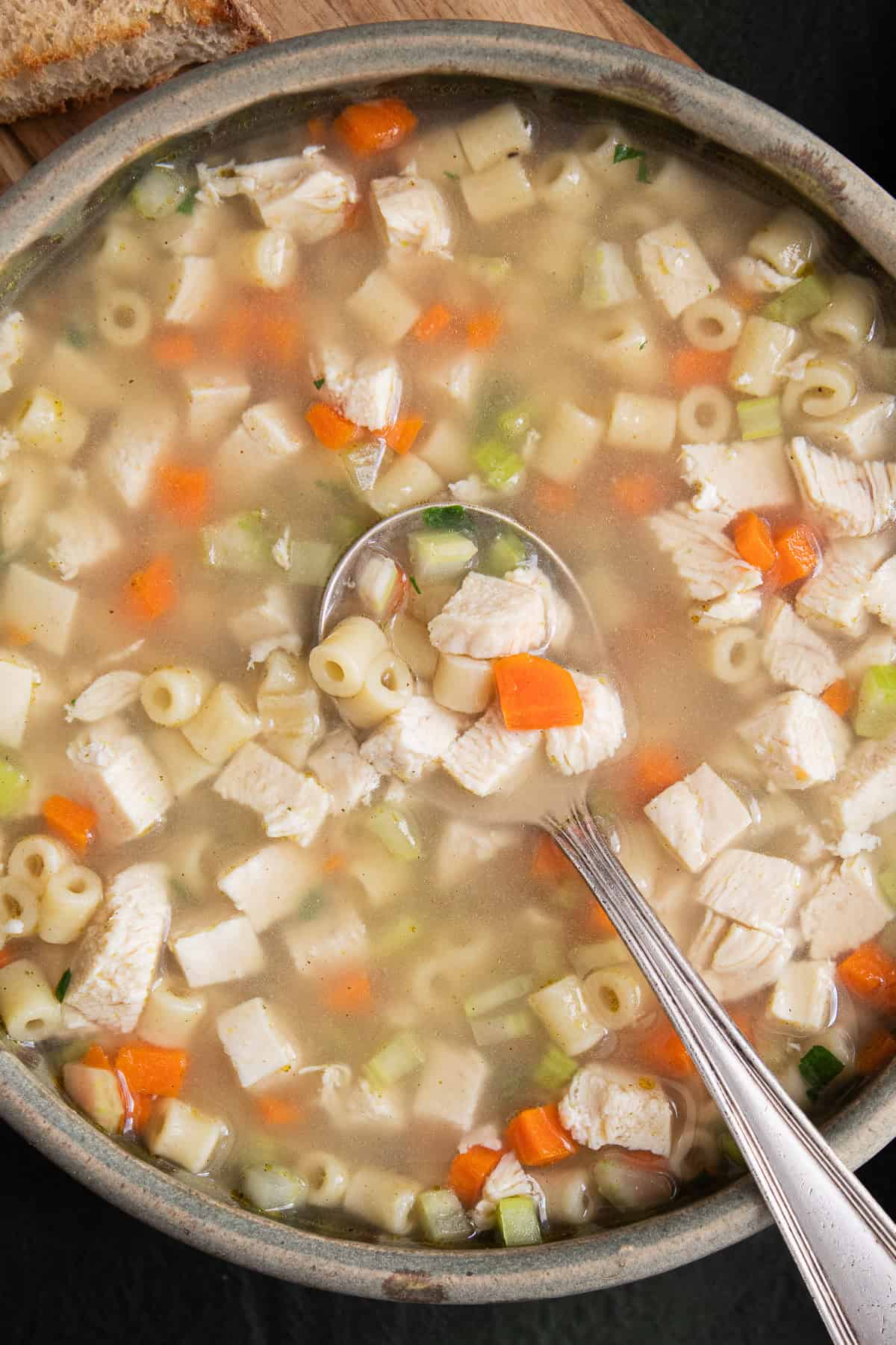 A detail image of the soup shows the carrots, parsley, celery, ditalini noodles, and diced chicken..