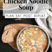 A bowl of soup with ditalini noodles, chicken chunks, carrots, and celery is served with toasted bread. A white text box at the top of the image contains the words, "instant pot chicken noodle soup" and "plan. eat. post. repeat."