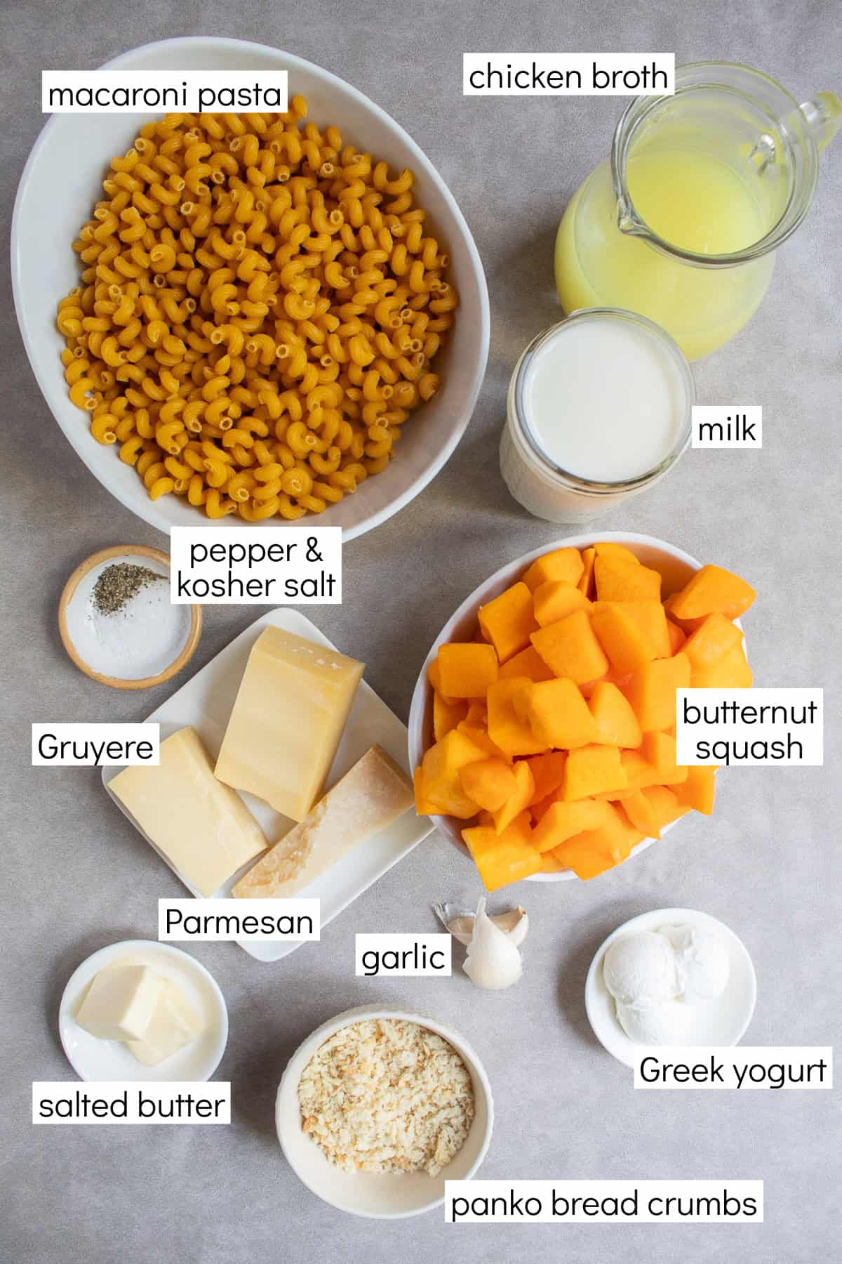 Ingredients for the recipe are displayed and labeled with white text boxes including the words macaroni pasta, chicken broth, milk, pepper & kosher salt, Gruyere, butternut squash, Parmesan, garlic, salted butter, panko bread crumbs, and Greek yogurt.