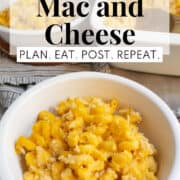 A serving of golden macaroni pasta with breadcrumb topping sits in a low white bowl. A white text box at the top of the image contains the words, "butternut mac and cheese" and "plan. eat. post. repeat."