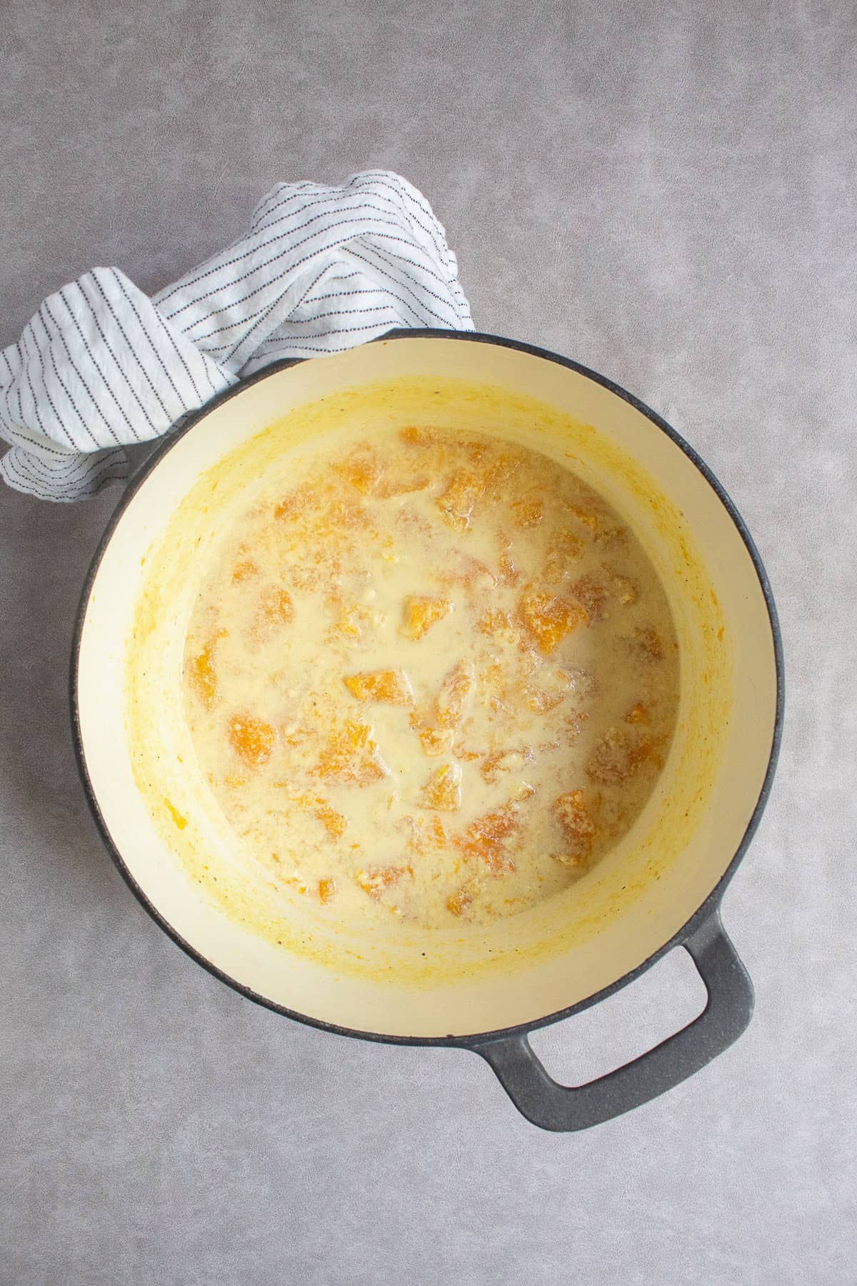 The cooked squash and milk mixture is a pale yellow color.