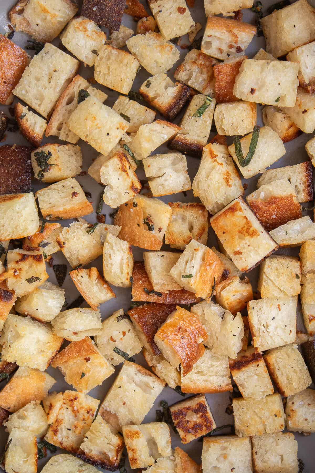 A detail image of golden croutons and fried sage.